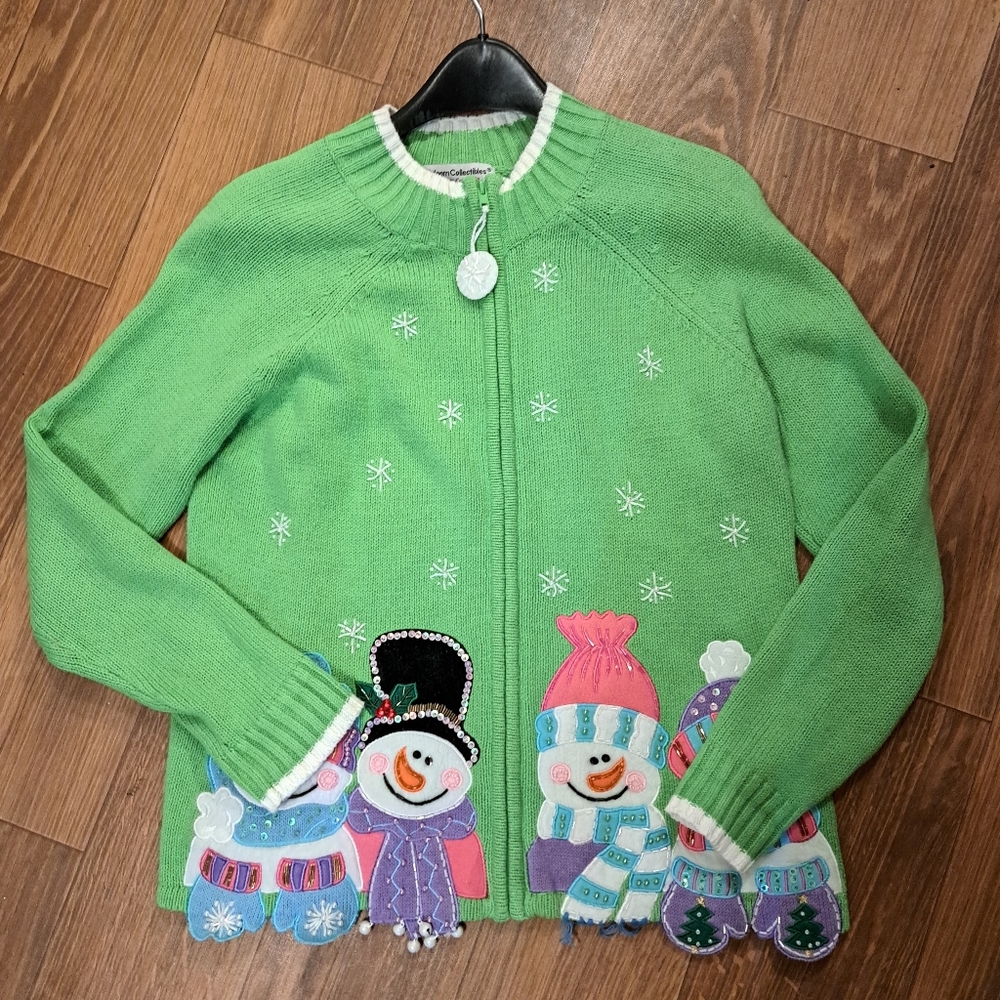 NWOT Heirloom Collectibles XMAS Green Blingy/Embroidered Zip Up Snowman Cardigan